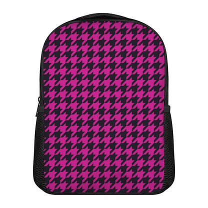 Magenta Pink And Black Houndstooth Print Casual Backpack