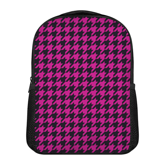 Magenta Pink And Black Houndstooth Print Casual Backpack
