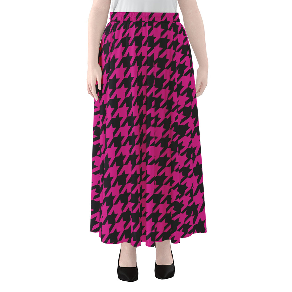 Magenta Pink And Black Houndstooth Print Chiffon Maxi Skirt