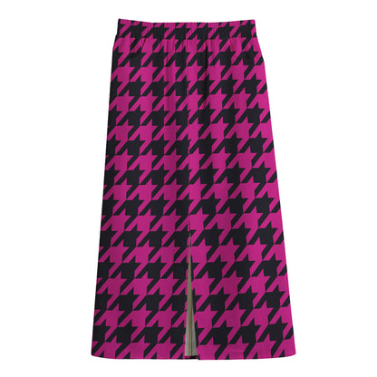 Magenta Pink And Black Houndstooth Print Cotton Front Slit Maxi Skirt