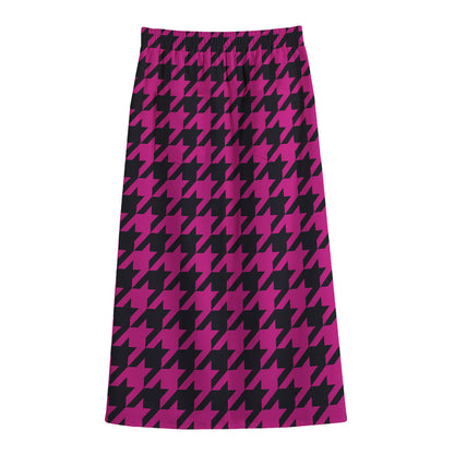 Magenta Pink And Black Houndstooth Print Cotton Front Slit Maxi Skirt
