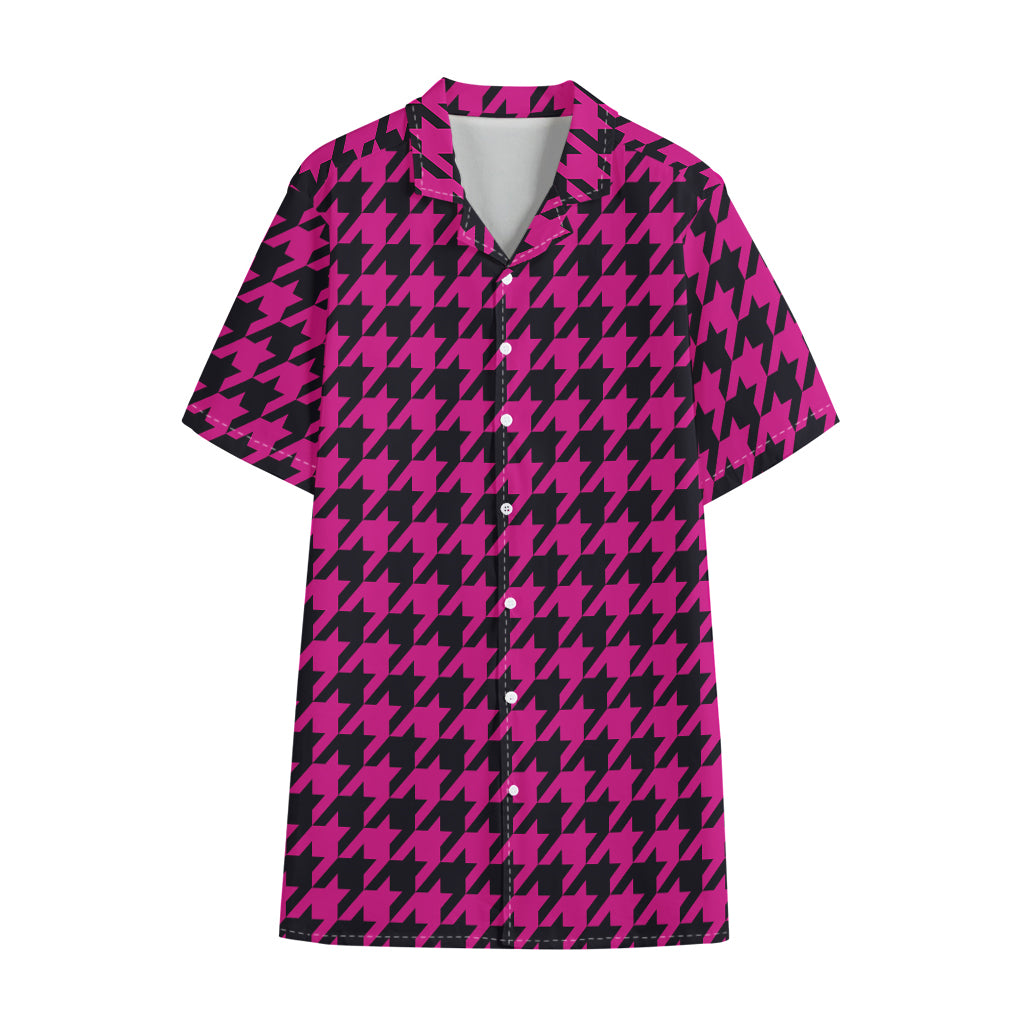 Magenta Pink And Black Houndstooth Print Cotton Hawaiian Shirt
