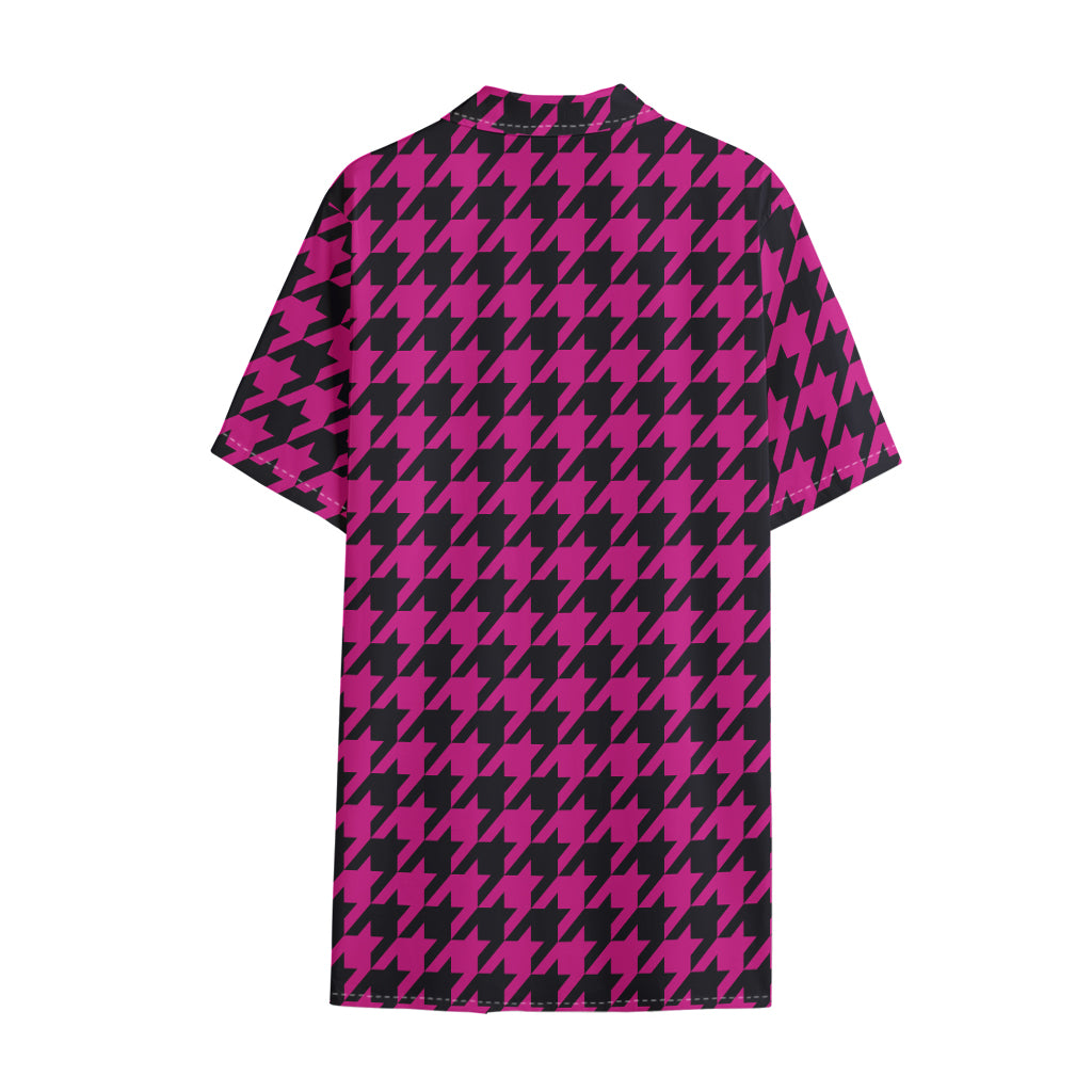 Magenta Pink And Black Houndstooth Print Cotton Hawaiian Shirt