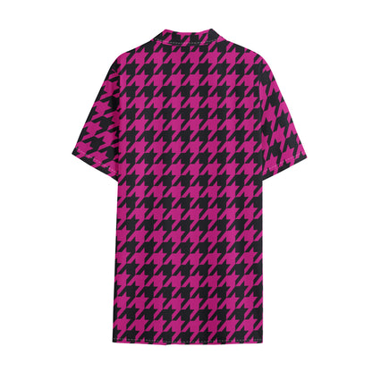 Magenta Pink And Black Houndstooth Print Cotton Hawaiian Shirt