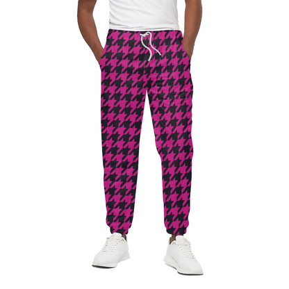 Magenta Pink And Black Houndstooth Print Cotton Pants