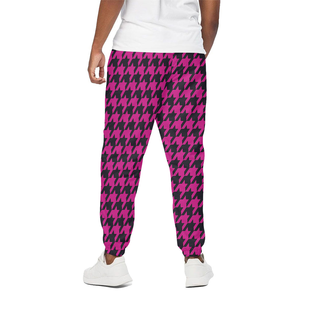Magenta Pink And Black Houndstooth Print Cotton Pants