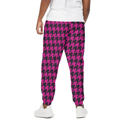 Magenta Pink And Black Houndstooth Print Cotton Pants