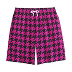 Magenta Pink And Black Houndstooth Print Cotton Shorts