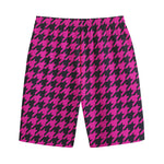 Magenta Pink And Black Houndstooth Print Cotton Shorts