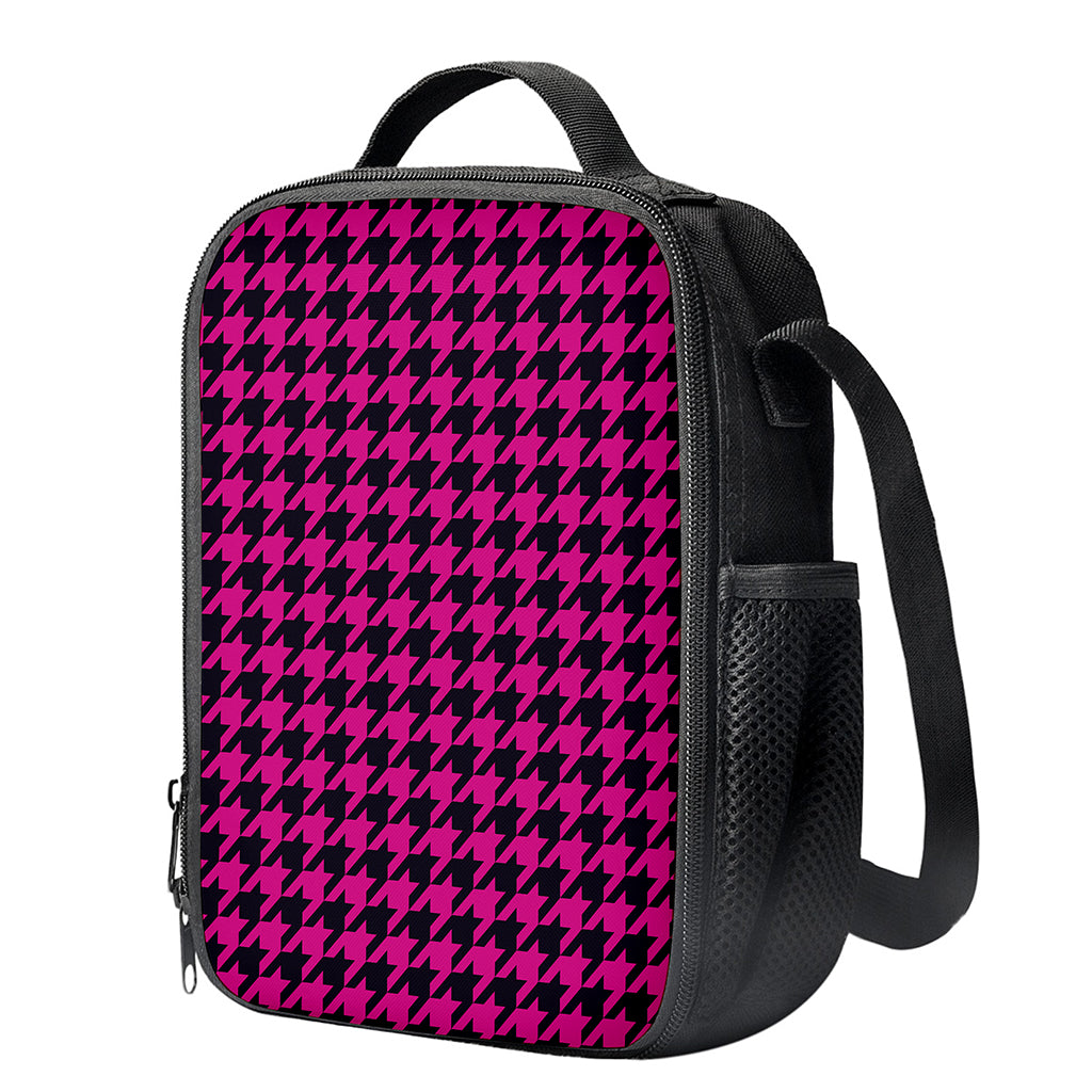 Magenta Pink And Black Houndstooth Print Crossbody Lunch Bag