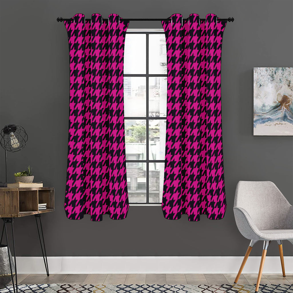 Magenta Pink And Black Houndstooth Print Curtain