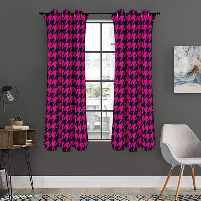 Magenta Pink And Black Houndstooth Print Curtain