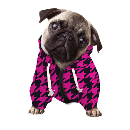 Magenta Pink And Black Houndstooth Print Dog Zip Up Hoodie