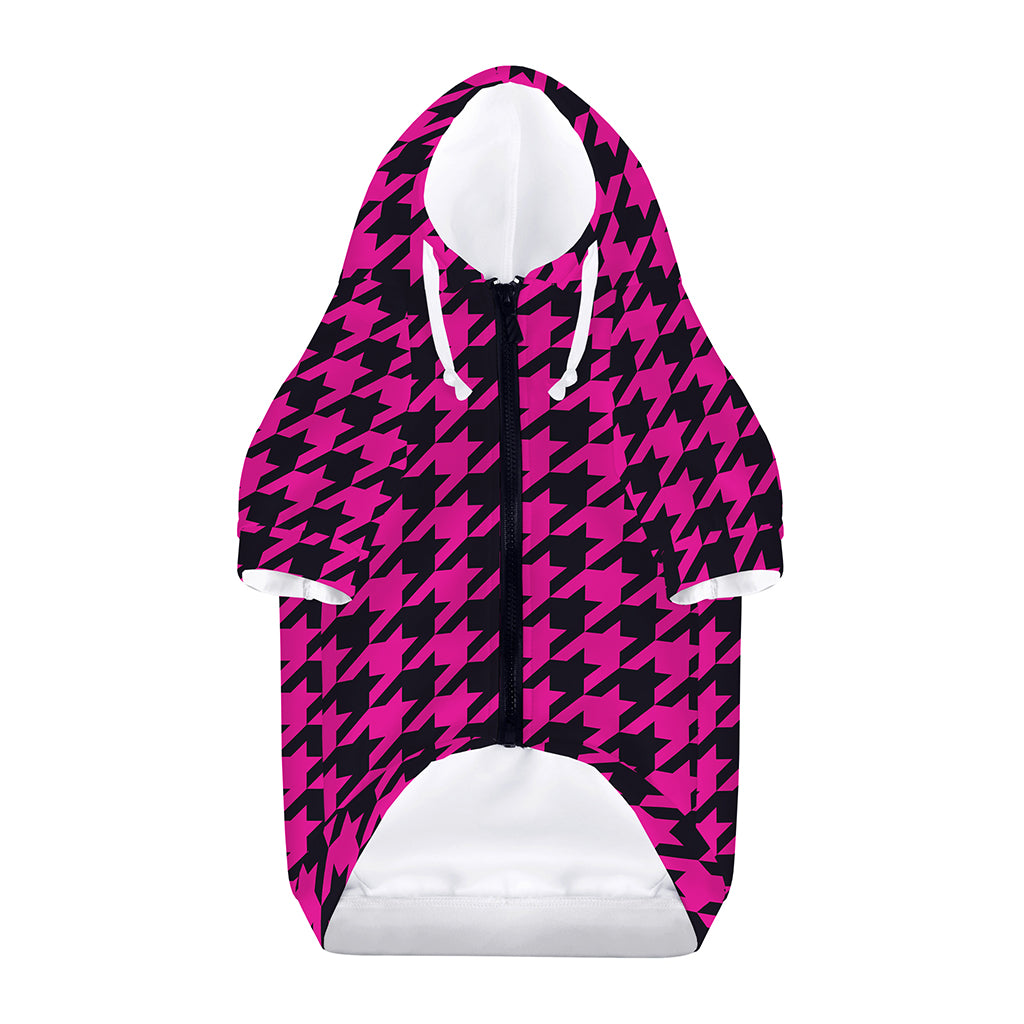 Magenta Pink And Black Houndstooth Print Dog Zip Up Hoodie