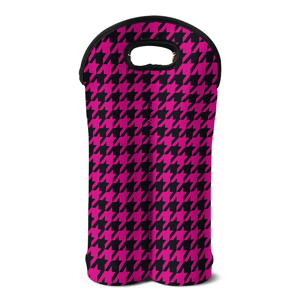 Magenta Pink And Black Houndstooth Print Double Neoprene Wine Tote