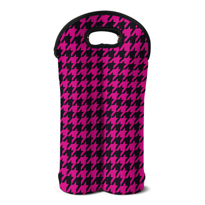 Magenta Pink And Black Houndstooth Print Double Neoprene Wine Tote