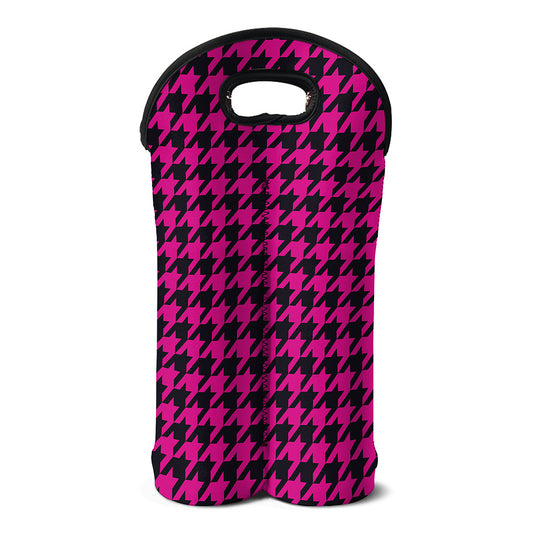 Magenta Pink And Black Houndstooth Print Double Neoprene Wine Tote