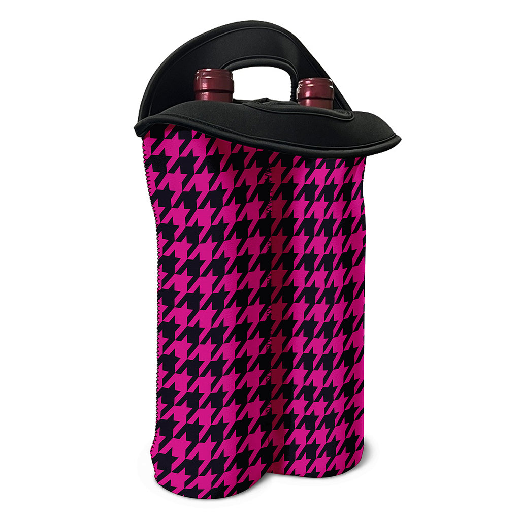 Magenta Pink And Black Houndstooth Print Double Neoprene Wine Tote