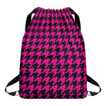 Magenta Pink And Black Houndstooth Print Drawstring Backpack