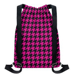 Magenta Pink And Black Houndstooth Print Drawstring Backpack