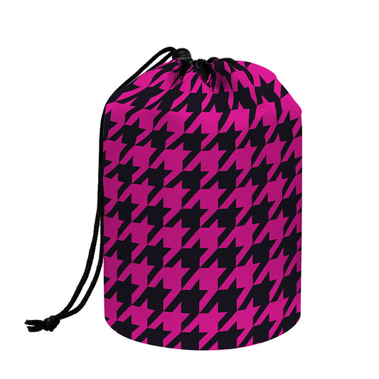 Magenta Pink And Black Houndstooth Print Drawstring Makeup Bag
