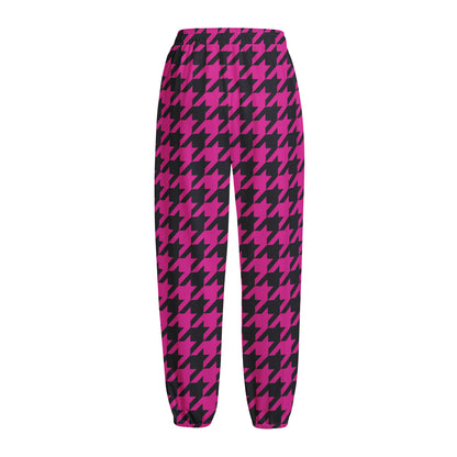 Magenta Pink And Black Houndstooth Print Fleece Lined Knit Pants