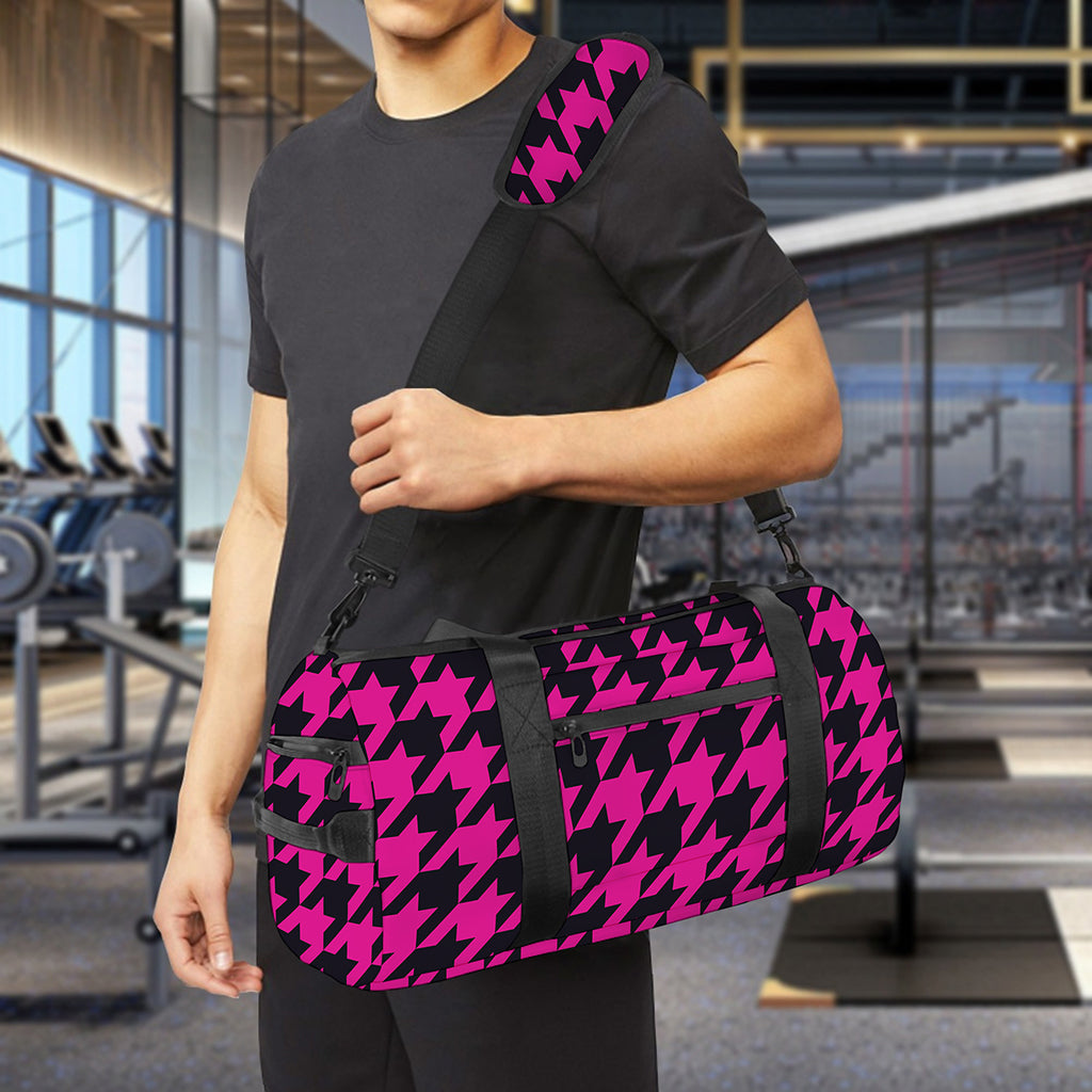 Magenta Pink And Black Houndstooth Print Gym Bag