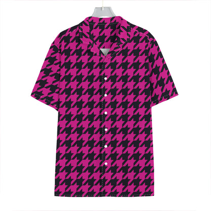 Magenta Pink And Black Houndstooth Print Hawaiian Shirt