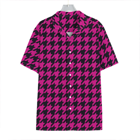 Magenta Pink And Black Houndstooth Print Hawaiian Shirt