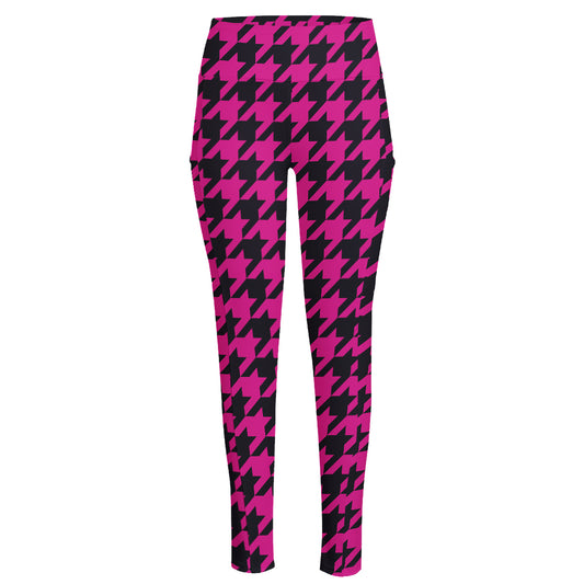 Magenta Pink And Black Houndstooth Print High-Waisted Pocket Leggings