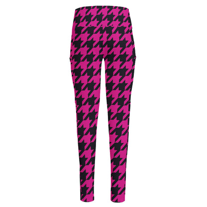 Magenta Pink And Black Houndstooth Print High-Waisted Pocket Leggings