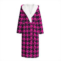 Magenta Pink And Black Houndstooth Print Hooded Bathrobe