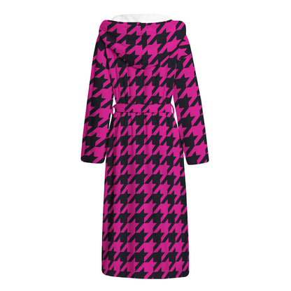 Magenta Pink And Black Houndstooth Print Hooded Bathrobe