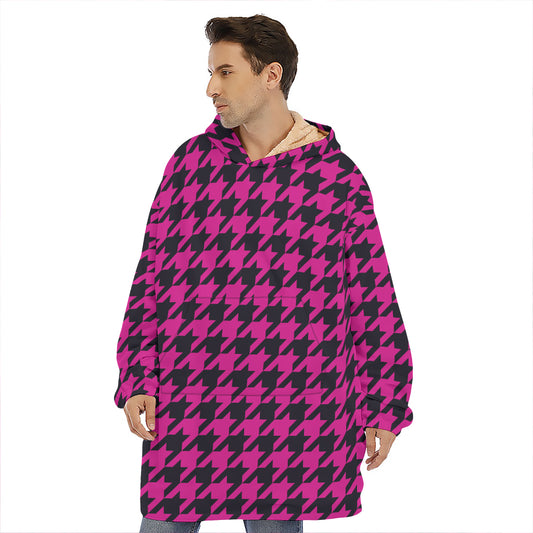 Magenta Pink And Black Houndstooth Print Hoodie Blanket