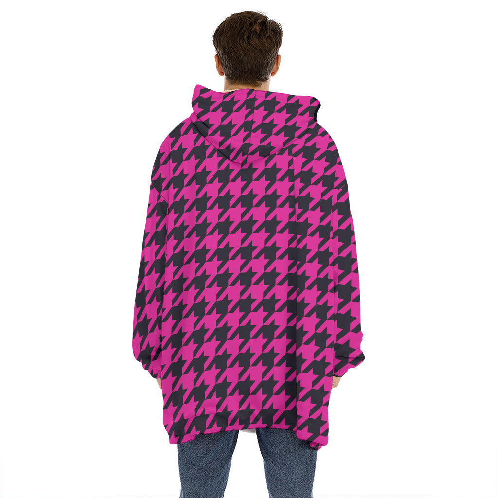 Magenta Pink And Black Houndstooth Print Hoodie Blanket
