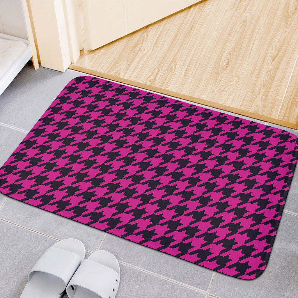Magenta Pink And Black Houndstooth Print Indoor Door Mat