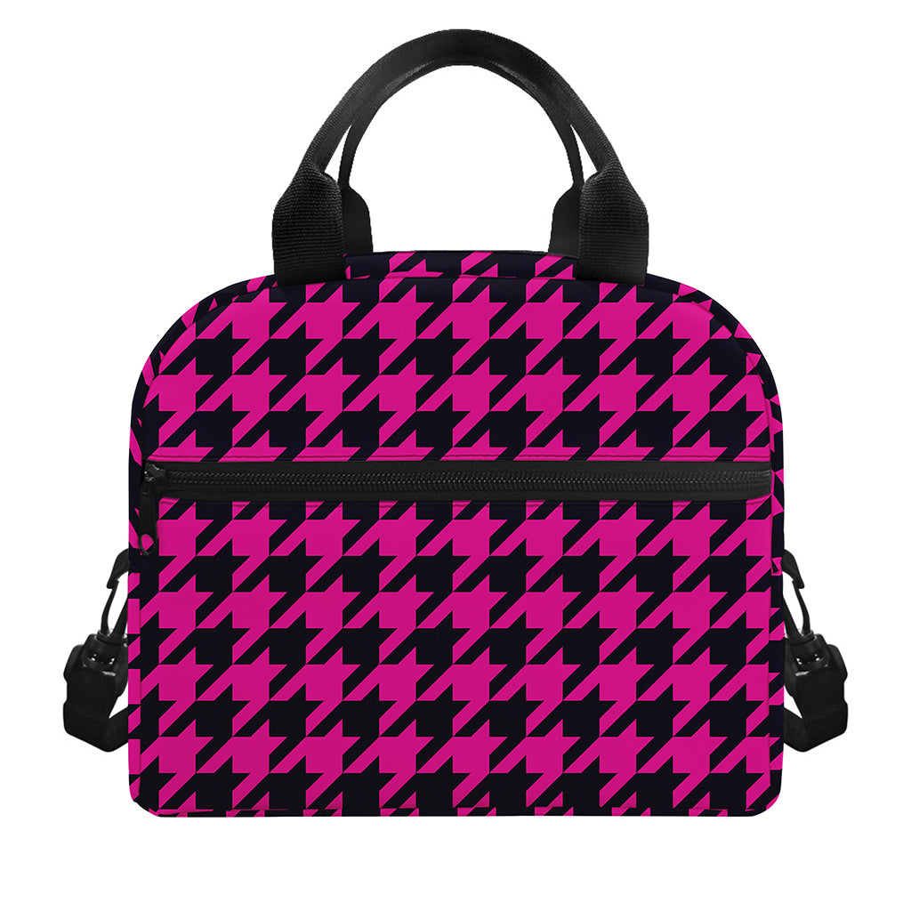 Magenta Pink And Black Houndstooth Print Insulated Lunch Bag