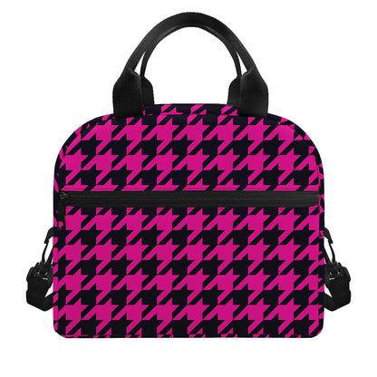 Magenta Pink And Black Houndstooth Print Insulated Lunch Bag