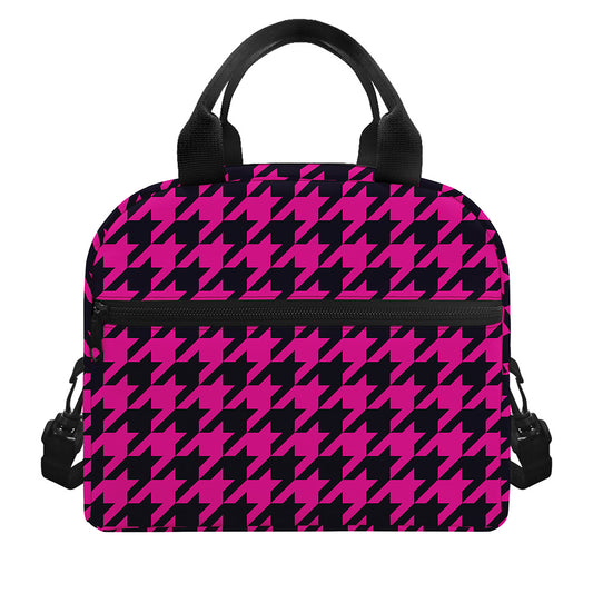 Magenta Pink And Black Houndstooth Print Insulated Lunch Bag