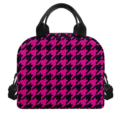 Magenta Pink And Black Houndstooth Print Insulated Lunch Bag