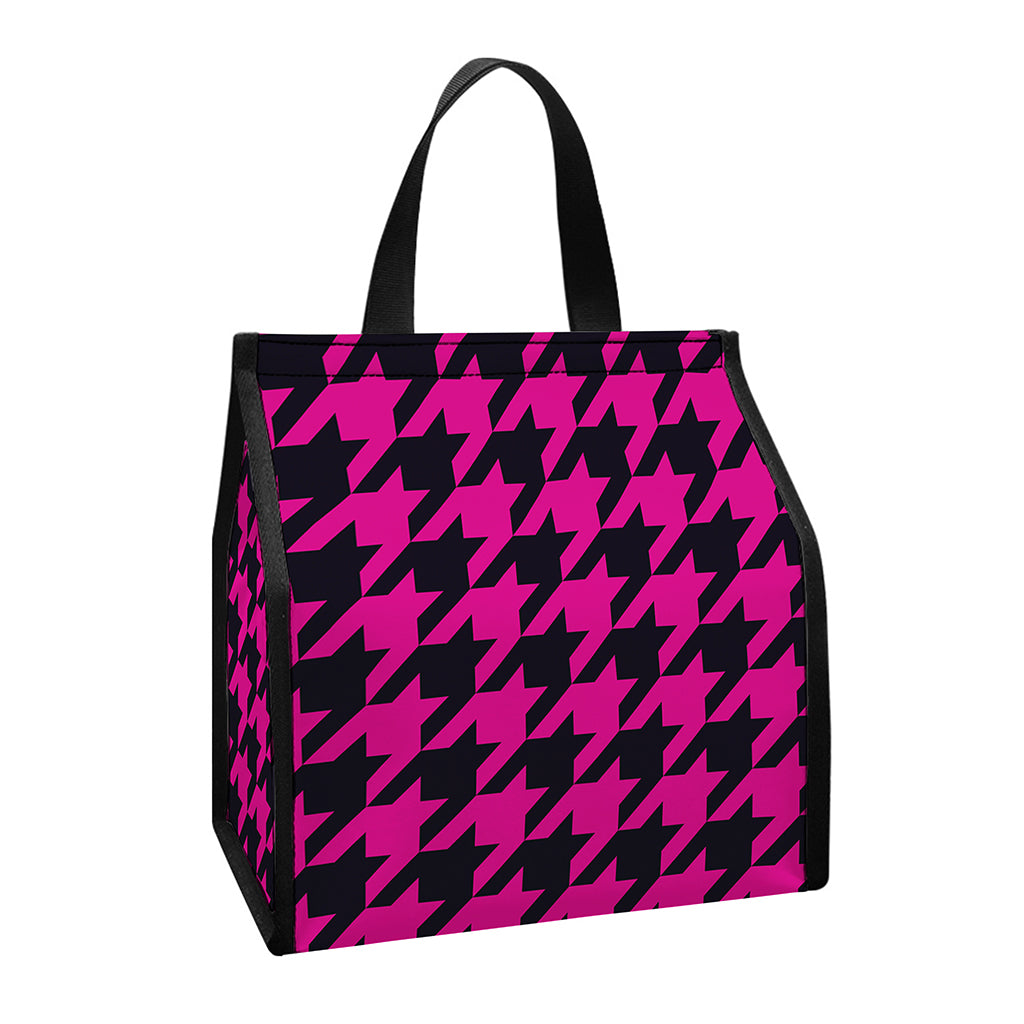 Magenta Pink And Black Houndstooth Print Insulated Lunch Tote
