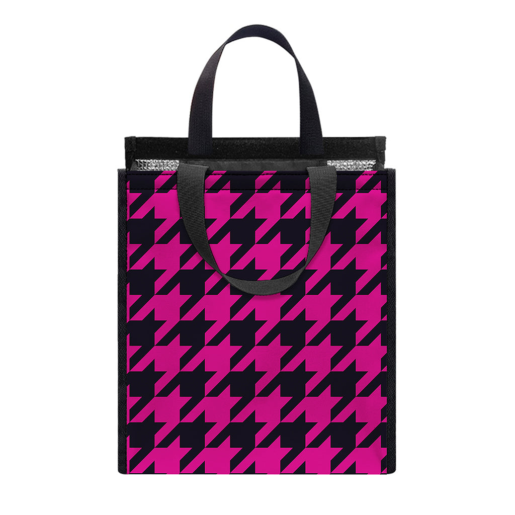 Magenta Pink And Black Houndstooth Print Insulated Lunch Tote