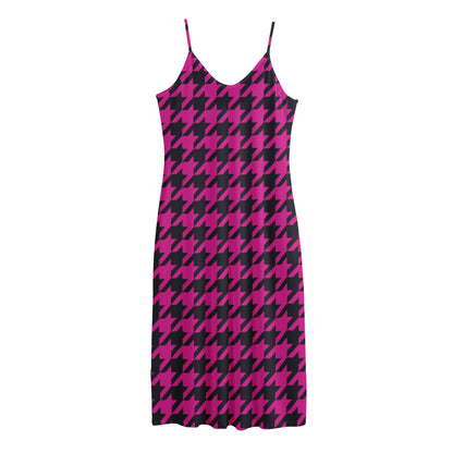 Magenta Pink And Black Houndstooth Print Jersey Midi Cami Dress