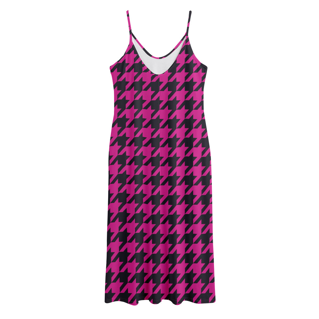Magenta Pink And Black Houndstooth Print Jersey Midi Cami Dress