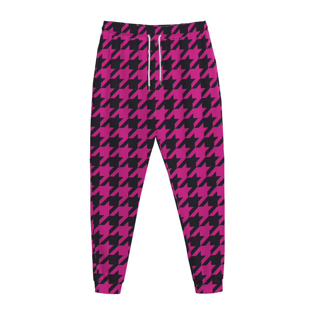 Magenta Pink And Black Houndstooth Print Jogger Pants