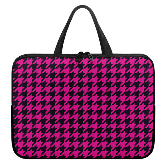 Magenta Pink And Black Houndstooth Print Laptop Sleeve With Handle