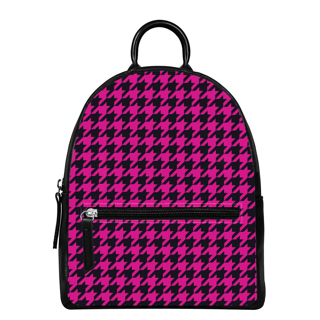 Magenta Pink And Black Houndstooth Print Leather Backpack