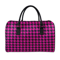 Magenta Pink And Black Houndstooth Print Leather Duffel Bag