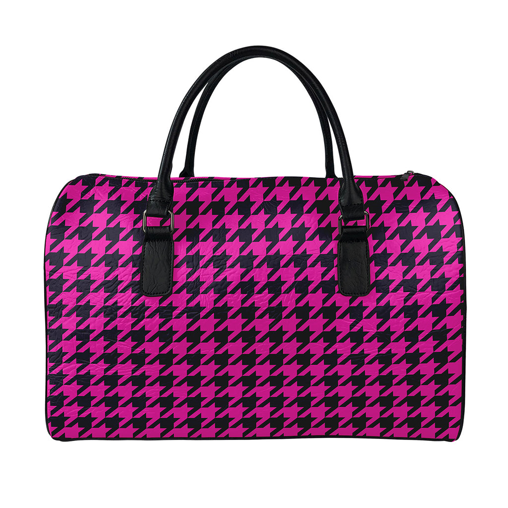 Magenta Pink And Black Houndstooth Print Leather Duffle Bag