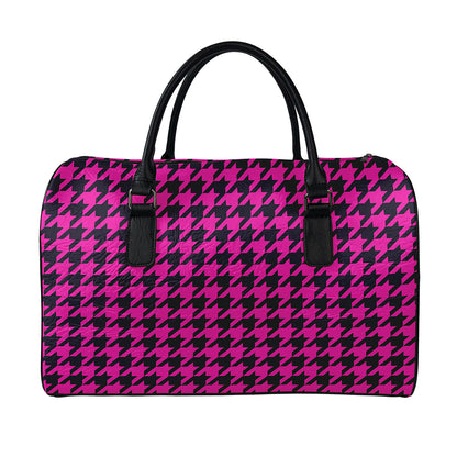 Magenta Pink And Black Houndstooth Print Leather Duffle Bag